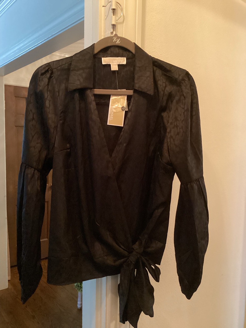Michael Kors black leopard Wrap Tie Blouse (L)